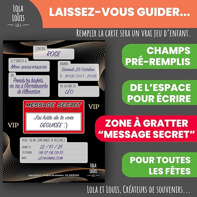Complete Invitation Kit for 10 Guests Girls or Boys: Envelopes, Secret Message, Scrape, VIP Birthday Invitation Cards, Club Evening Decoration, Stickers Invitations Follow-up • Lola and Louis®