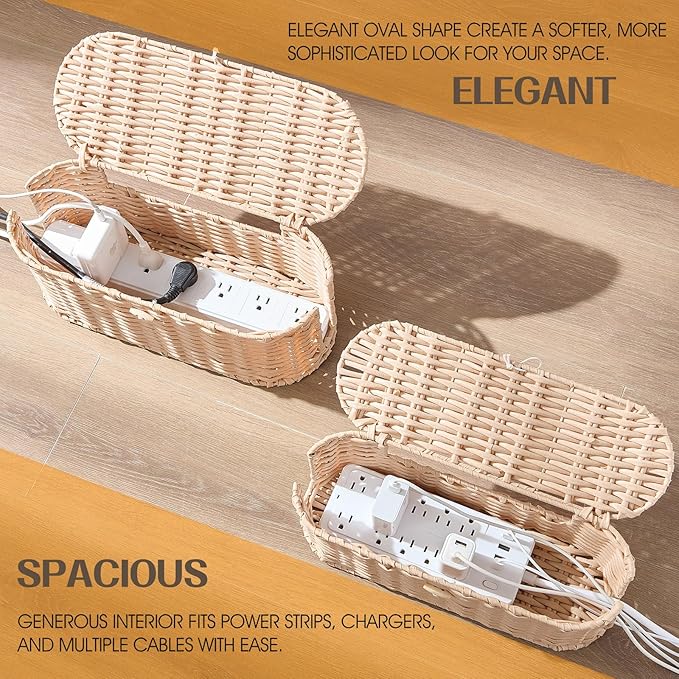 FairyHaus Cable Management Box 2Pack Cream, Handwoven Large and Small Cable Organizer Box Cover to Hide Cords and Power Strip, Imitation Wicker Cord Organizer Box Hider for Office Desk and Floor