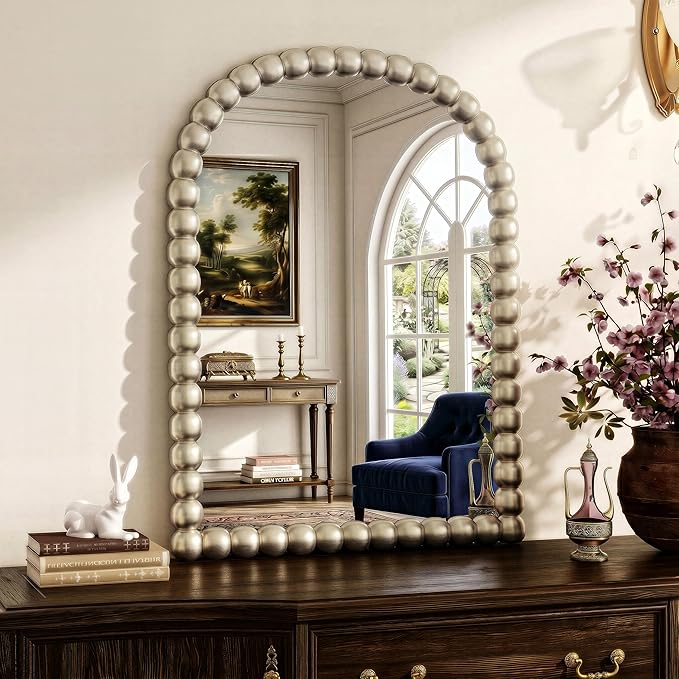 22"×30" Silver Arched Bathroom Vanity Mirror, Vintage Beaded Decorative Wall Mounted Makeup Mirror, as Wall Decor Hanging Leaning for Fireplace Mantle, Living Room, Bedroom, Vanity Area