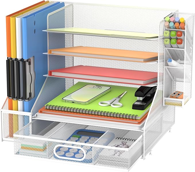 DALTACK Mesh Desk Organizer, 5-Tier Paper Letter Tray with File Holder & Pen Holder & Sliding Drawer, Desktop Organizer and Storage for Desk Accessories Office Supplies, White