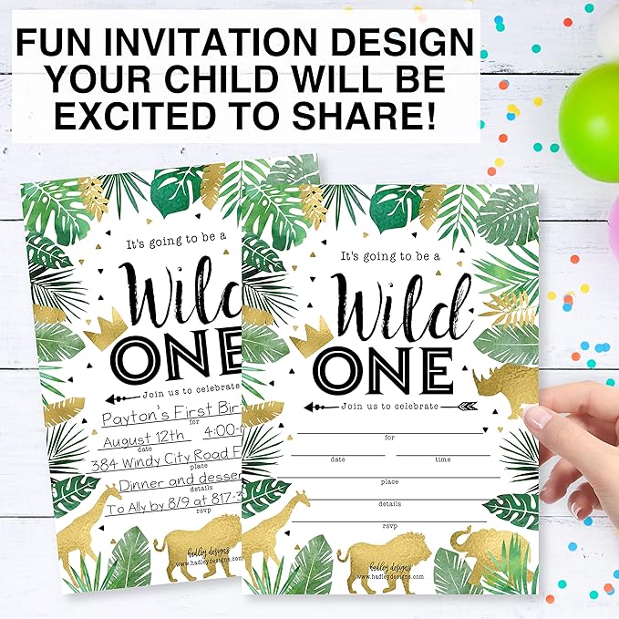 Hadley Designs Kids Birthday Invitations For Boys and Girls Safari Theme - 25 Wild One 1st Birthday Party Invitations For Boys, Jungle Invites For Girls, Cute Animals Party Supplies, Made In USA