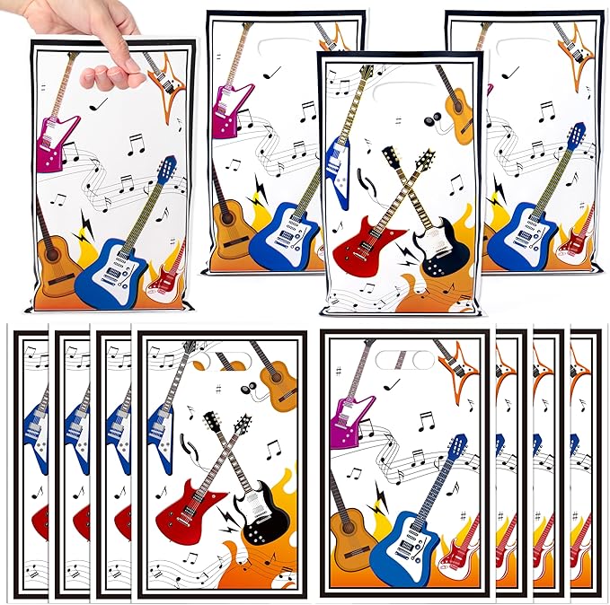 ANGOLIO Music Party Favor Bags - 50 Popular Singer Guitar Gift Bags Die Cut Plastic Candy Snack Goodie Treat with Handle for Boys Girls Birthday Musical Theme Party Anniversary Back to School Supplies