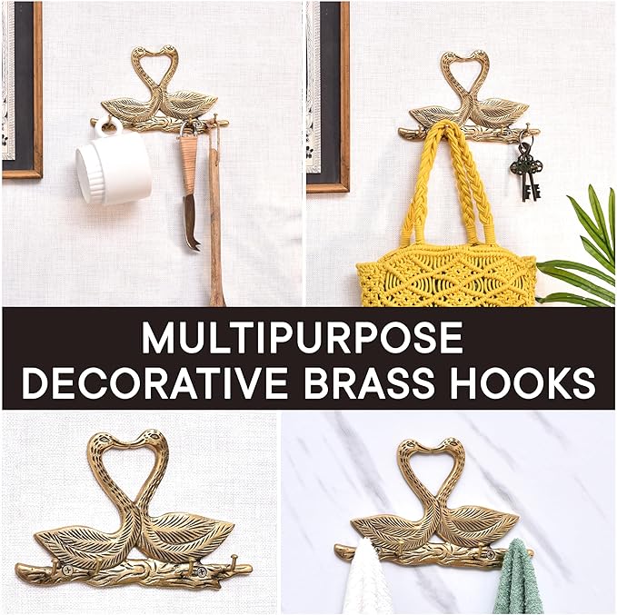 Indian Shelf 33lb. Swan Vintage Wall Hooks for Keys Decorative Gold Key Holder Antique Kids Wall Hooks Heavy Duty Coat Hook Brass Backpack Hanger