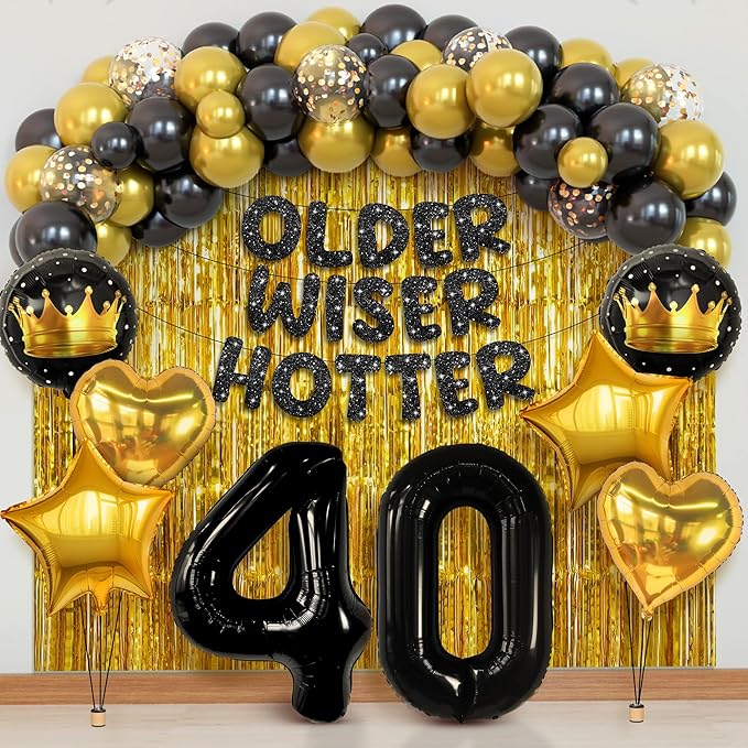 KatchOn, Happy Birthday Decorations Set - Pack of 50 | Older Wiser Hotter Banner, Latex Balloons Arch Kit, Gold Foil Fringe, Star, Round, Heart Foil Balloons | 40th Birthday Decorations for Women, Men