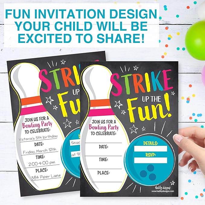 Hadley Designs Kids Birthday Invitations For Boys and Girls Bowling Theme - 25 Neon Birthday Party Invitations For Boys, Bowling Invites For Girls, Cute Party Supplies, Made In USA