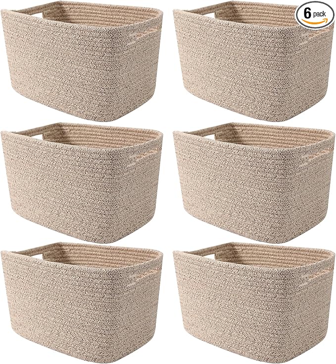 6 Pack Woven Rope Baskets,12.6"×9"×7.8" Storage Bins for Toys/Books/Towels/Clothes Organizer & Shelf Boxes,Gifts Baskets Empty for Nursery/Living Room/Nursery/Bedroom/Home Decor,Brown