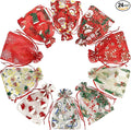 Jexila 24PCS Christmas Organza Gift Bag 4X6 with Drawstring 11 Mix Pattern Small Goodie Candy Party Favor Xmas Gift Bags