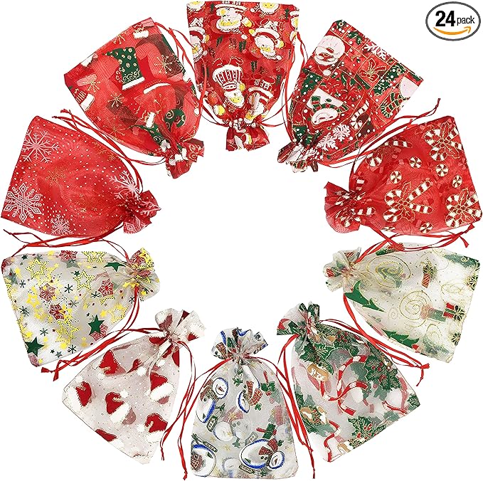 Jexila 24PCS Christmas Organza Gift Bag 4X6 with Drawstring 11 Mix Pattern Small Goodie Candy Party Favor Xmas Gift Bags
