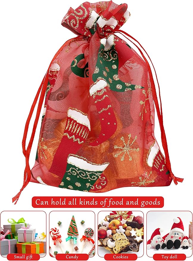 Jexila 24PCS Christmas Organza Gift Bag 4X6 with Drawstring 11 Mix Pattern Small Goodie Candy Party Favor Xmas Gift Bags