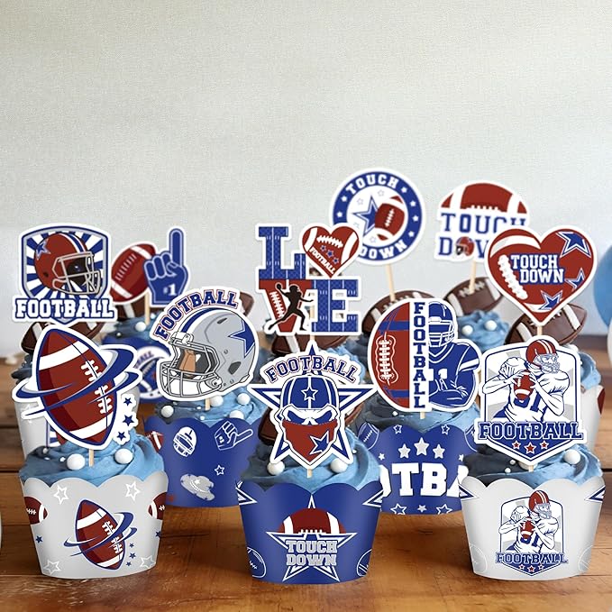 Cowboy Football Birthday Decorations - 48 Pcs American Rugby Sports Paper Party Cupcake Toppers and Liners, Game Day Happy Bday Cake Picks Baking Cups Wrappers Supplies Decor for Boys Men
