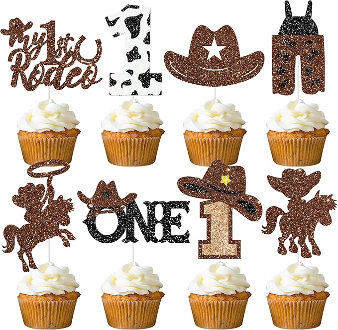 24Pcs Cowboy 1st Birthday Party Cupcake Toppers Western First Birthday Party Decorations Glitter My 1st Rodeo Party Cake Picks for Wild West Cowboy Theme Party Supplies