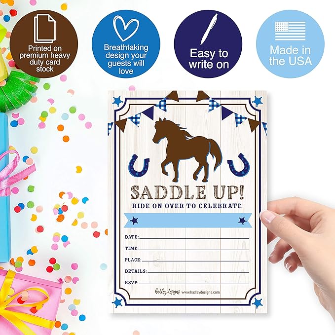 Hadley Designs Kids Birthday Invitations For Boys Horse Theme - 25 Horse Birthday Party Invitations For Boys, Saddle Up Invites For Boy, Cute Pony Party Supplies, Made In USA