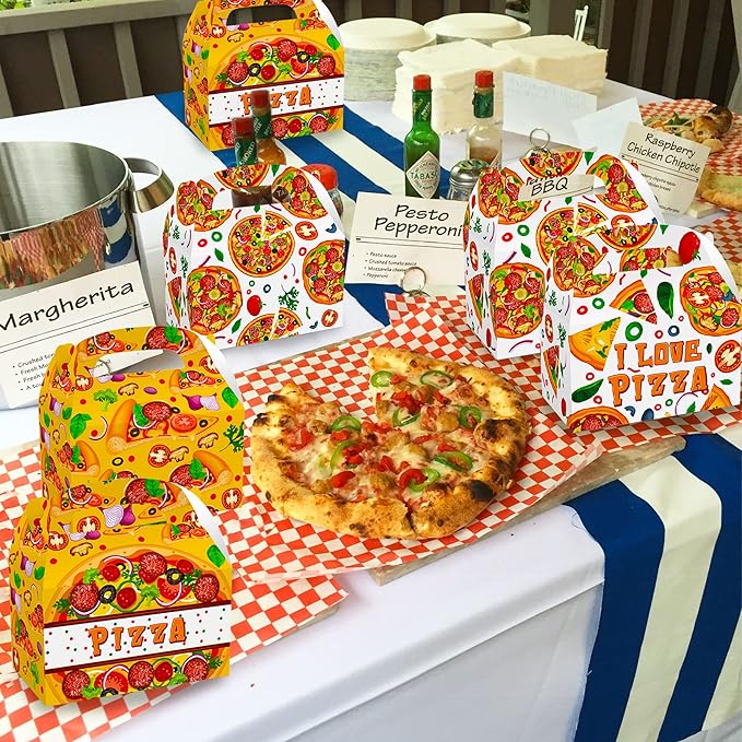 Roaring Good Time 12 PCS Pizza Party Favor Boxes Pizza Goodie Treat Bags Pizza Themed Birthday Party Supplies Pizza Birthday Decorations Bags