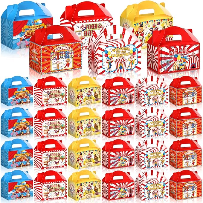 Dunzoom 24 Pcs Carnival Party Favors Carnival Decorations Boxes Goodie Candy Treat Gift Boxes with Handles Circus Candy Containers for Party Decorations Birthday Gift Wrapping