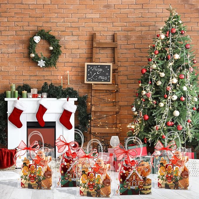 Motipuns 24 Pcs Clear PVC Gift Bags with Handles and Ribbon Party Favor Reusable Plastic Goodie Candy Treat Bags for Birthday Party Supplies(Gingerbread)