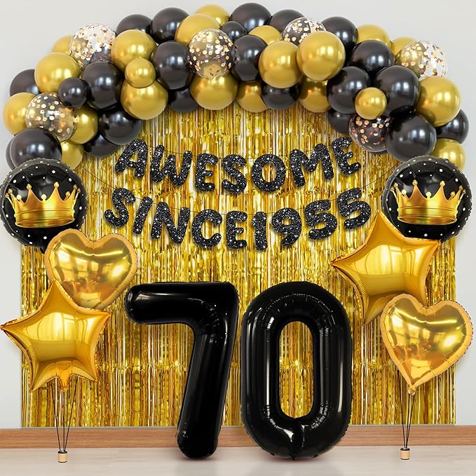KatchOn, Happy 70th Birthday Decorations - Pack of 50 | Happy Birthday Banner, Latex Balloons Kit, Gold Foil Fringe, Star, Round, Heart Foil Balloons | 70th Birthday Decorations for Men, Women