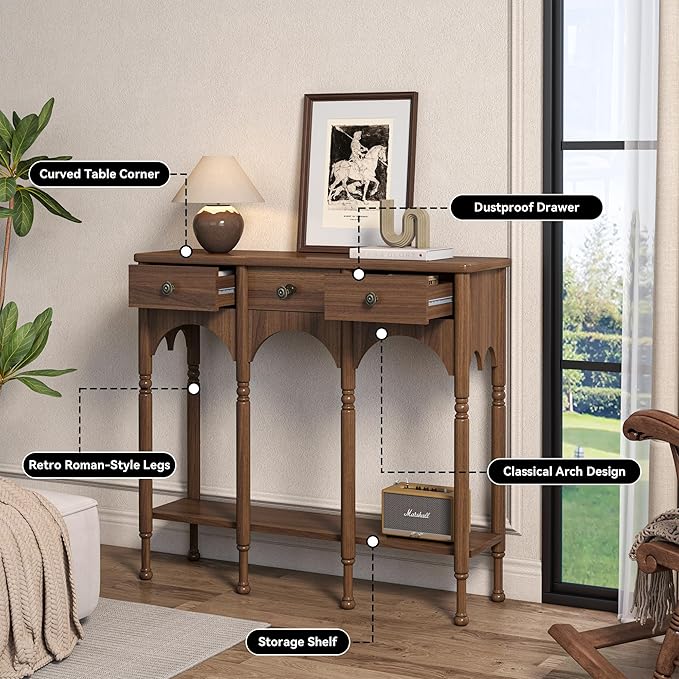 Console Table with 2 Drawers & Shelf, 40" Mid-Century Modern Entryway Table, Retro 2-Tier Sofa Table, Wooden Accent Table for Living Room, Hallway, Black