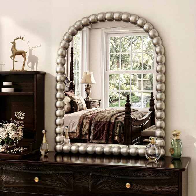 22"×30" Silver Arched Bathroom Vanity Mirror, Vintage Beaded Decorative Wall Mounted Makeup Mirror, as Wall Decor Hanging Leaning for Fireplace Mantle, Living Room, Bedroom, Vanity Area