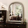 22"×30" Silver Arched Bathroom Vanity Mirror, Vintage Beaded Decorative Wall Mounted Makeup Mirror, as Wall Decor Hanging Leaning for Fireplace Mantle, Living Room, Bedroom, Vanity Area