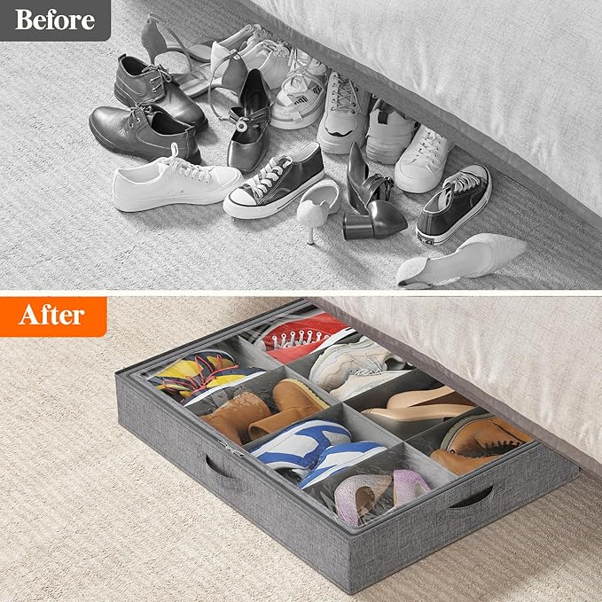 Lifewit Under Bed Shoe Storage Organizer Fits 8 Pair Sneakers, 4.3 Inches Tall Sturdy Structure Ultra Thick Fabic Sneaker Storage, Foldable Underbed Shoe Boxes for Heels, Boots, Sports Shoes 3 Pack