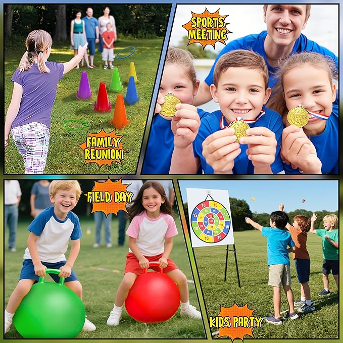 LINAYE Carnival Games Combo Set Outdoor Activities, Field Day Lawn Yard Family Reunion Fall Festival Games Hopper Balls Dart Board for Kids Ring Toss Egg and Spoon for Kids Birthday Party