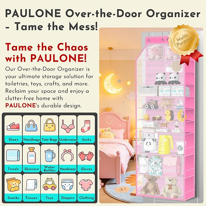 PAULONE Over the Door Organizer Heavy Duty – 96 Lbs Capacity 20 Pair Shoe Rack with Multi-Size Pockets Fits Tall Boots up to 11.8", Breathable Mesh, Metal Hooks – Also for Bags, Toys, Toiletries