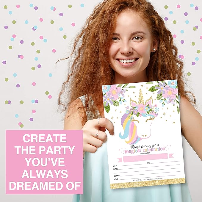 Hadley Designs Kids Birthday Invitations Girl Unicorn Theme - 25 Unicorn Birthday Party Invitations For Girls, Pastel Invites For Girls, Cute Party Supplies, Made in USA