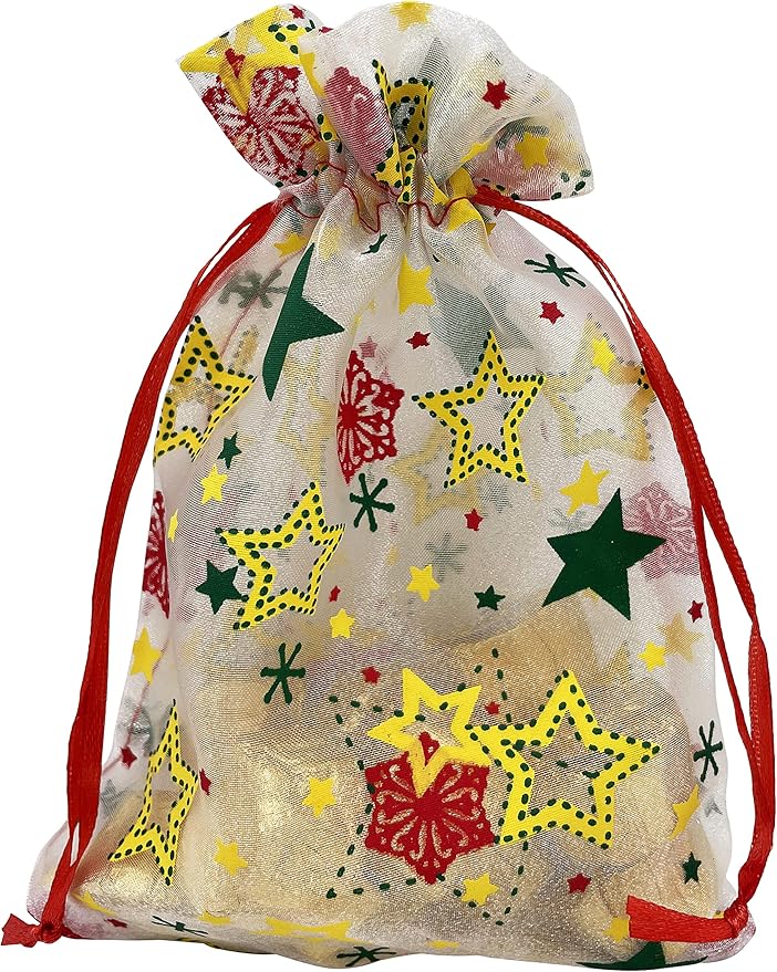 Jexila 24PCS Christmas Organza Gift Bag 4X6 with Drawstring 11 Mix Pattern Small Goodie Candy Party Favor Xmas Gift Bags