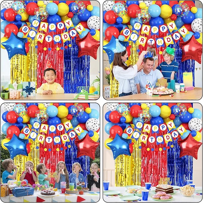 Birthday Decorations for Boys, Dog Party Decorations Red Yellow Light Blue Star Foil Balloons Happy Birthday Banner Fringe Curtain Backdrop for Kids Boy Carnival Cartoon Theme Party Supplies