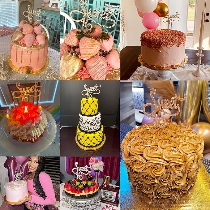 Honbay Sweet 16 Cake Topper Premium Sparkly Crystal Rhinestones Cake Topper Cake Decoration for 16th Birthday Party (Gold)
