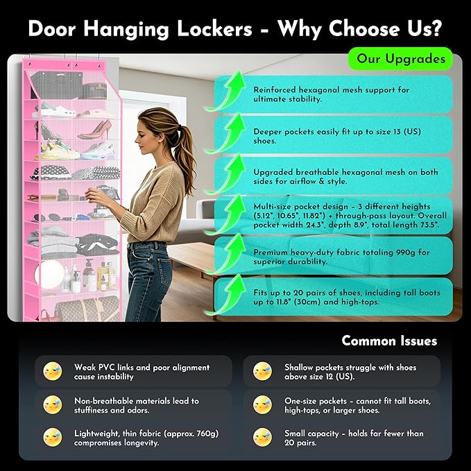 PAULONE Over the Door Organizer Heavy Duty – 96 Lbs Capacity 20 Pair Shoe Rack with Multi-Size Pockets Fits Tall Boots up to 11.8", Breathable Mesh, Metal Hooks – Also for Bags, Toys, Toiletries