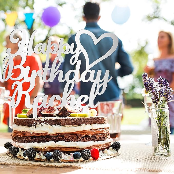 Personalized Birthday Cake Topper - Happy Birthday Cake Toppers w/Name and Heart - Custom Acrylic Cake Decorations, Birthday Cake Topper for Birthday Party - 3 Solid Colors