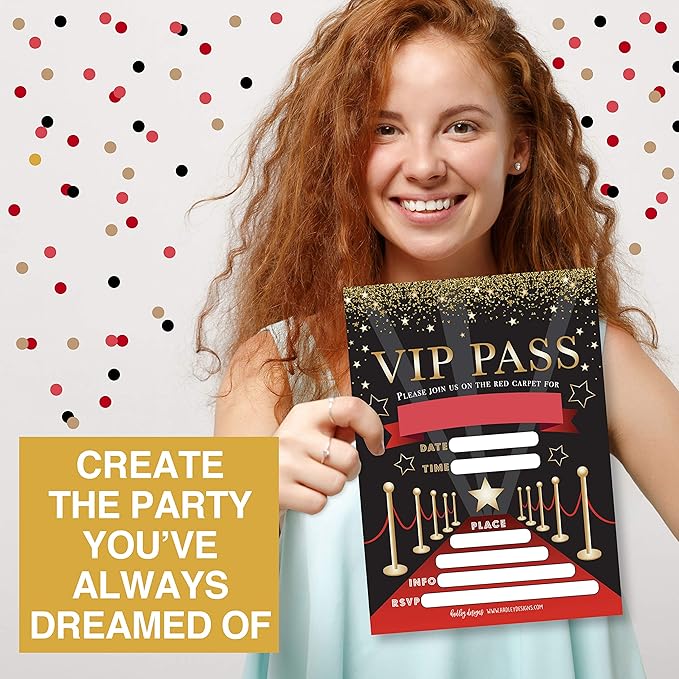 Hadley Designs Kids Birthday Invitations For Boys and Girls VIP Theme - 25 Movie Birthday Party Invitations For Boys, VIP Invites For Girls, Cute Popcorn Party Supplies, Made In USA