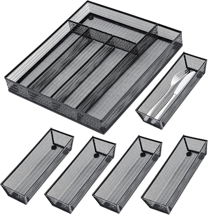 Neudeco Drawer Organizer Set 6 Pack - 5-Compartment Silverware Organizer Tray + 5 Utensil Trays, Kitchen Drawer Organizer for Flatware, Cutlery, Office Supplies, Black Mesh, Non-Slip.