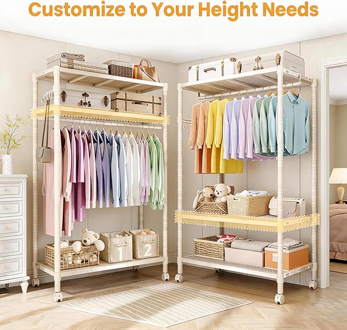 Rolling Clothes Rack, 3-Tier Adjustable Garment Rack with Hanging Rod and Side Hooks, Freestanding Clothing Rack with Wheels, Portable Clothes Rack for Bedroom, Laundry Room and Closet, White