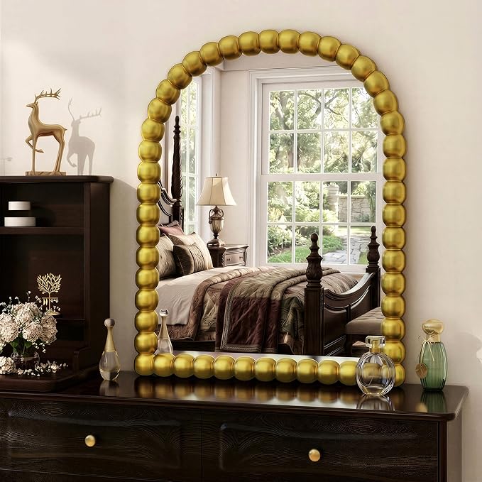 24"×36" Gold Arched Bathroom Vanity Mirror, Vintage Beaded Decorative Wall Mounted Makeup Mirror, as Wall Decor Hanging Leaning for Fireplace Mantle, Living Room, Bedroom, Vanity Area