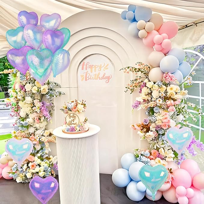 Iridescent Heart Balloons, 12Pcs 18Inch Transparent Crystal Heart Foil Balloon, Gradient Iridescent Pink Purple Green Balloon for Girls Women Princess Mermaid Birthdays Wedding Easter Party Decoration