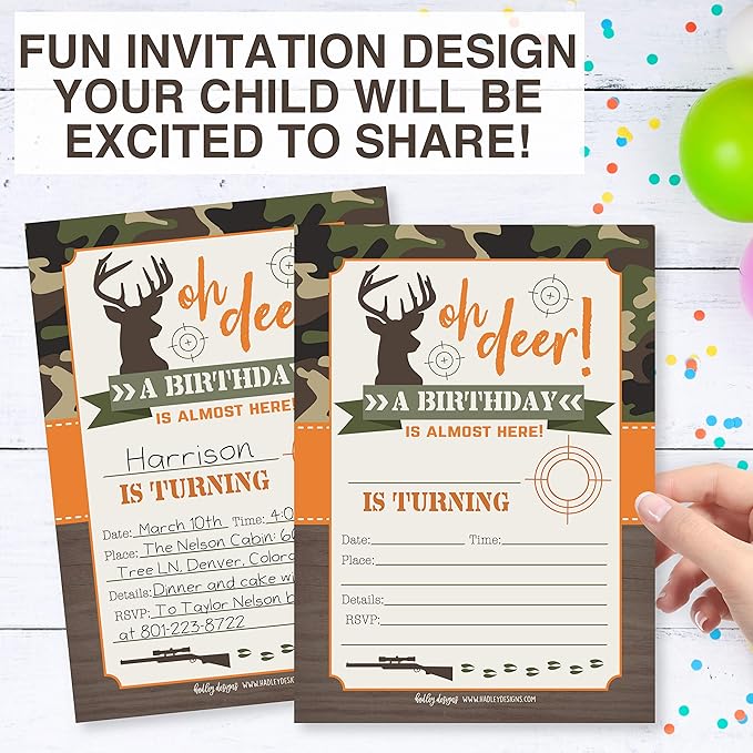 Hadley Designs Kids Birthday Invitations For Boys Camo Theme - 25 Deer Hunting Birthday Party Invitations For Boys, Camouflage Oh Deer Invites For Boy, Cute Hunting Party Supplies, Made In USA