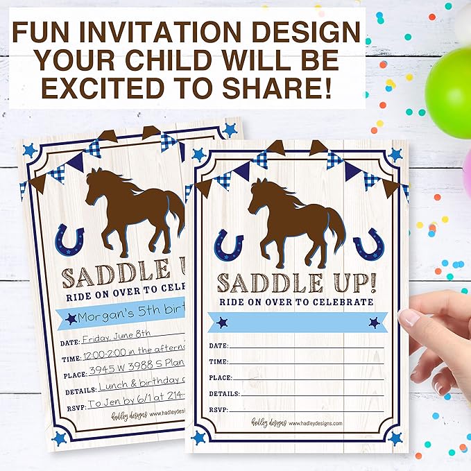 Hadley Designs Kids Birthday Invitations For Boys Horse Theme - 25 Horse Birthday Party Invitations For Boys, Saddle Up Invites For Boy, Cute Pony Party Supplies, Made In USA