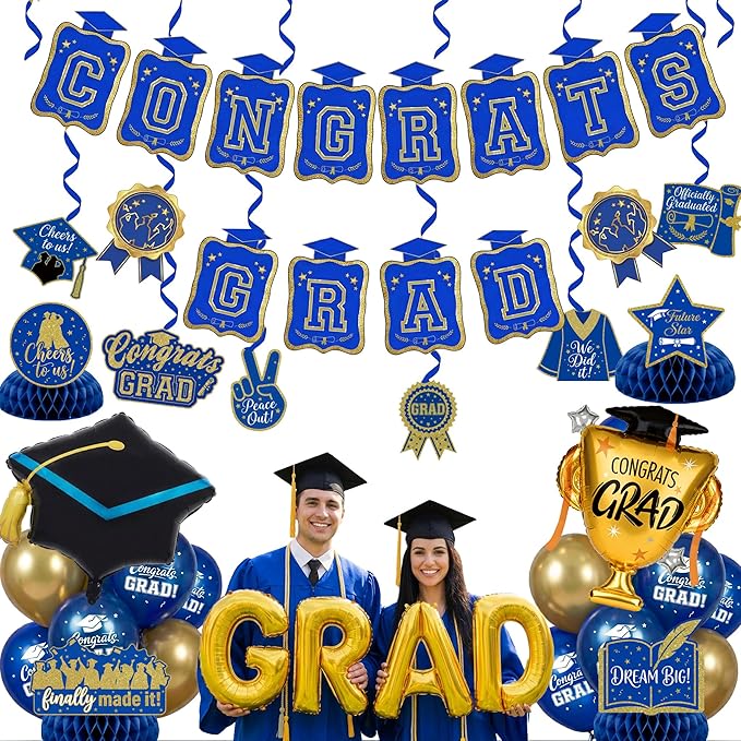Royal blue Gold Balloons GRAD Print Balloons with Banner Table Honeycomb Centerpieces Hanging Swirl Graduation Cap trophy GRAD Letters Mylar Balloons for 2026 graduate Prom Decorations
