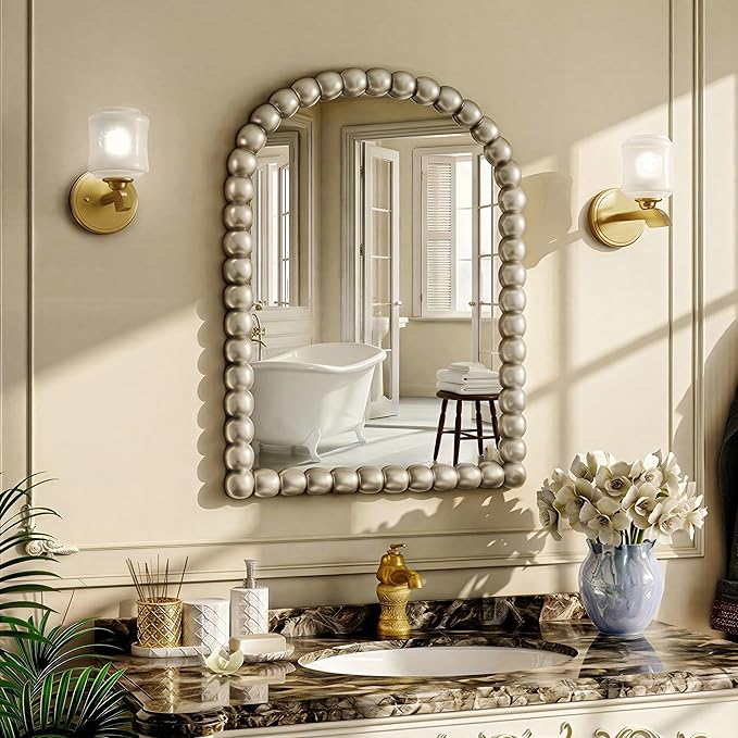 22"×30" Silver Arched Bathroom Vanity Mirror, Vintage Beaded Decorative Wall Mounted Makeup Mirror, as Wall Decor Hanging Leaning for Fireplace Mantle, Living Room, Bedroom, Vanity Area