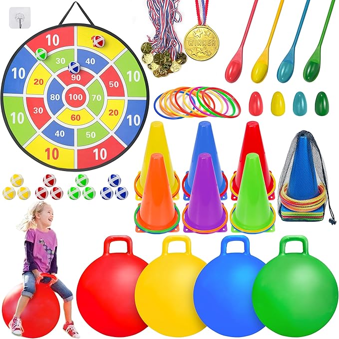 LINAYE Carnival Games Combo Set Outdoor Activities, Field Day Lawn Yard Family Reunion Fall Festival Games Hopper Balls Dart Board for Kids Ring Toss Egg and Spoon for Kids Birthday Party