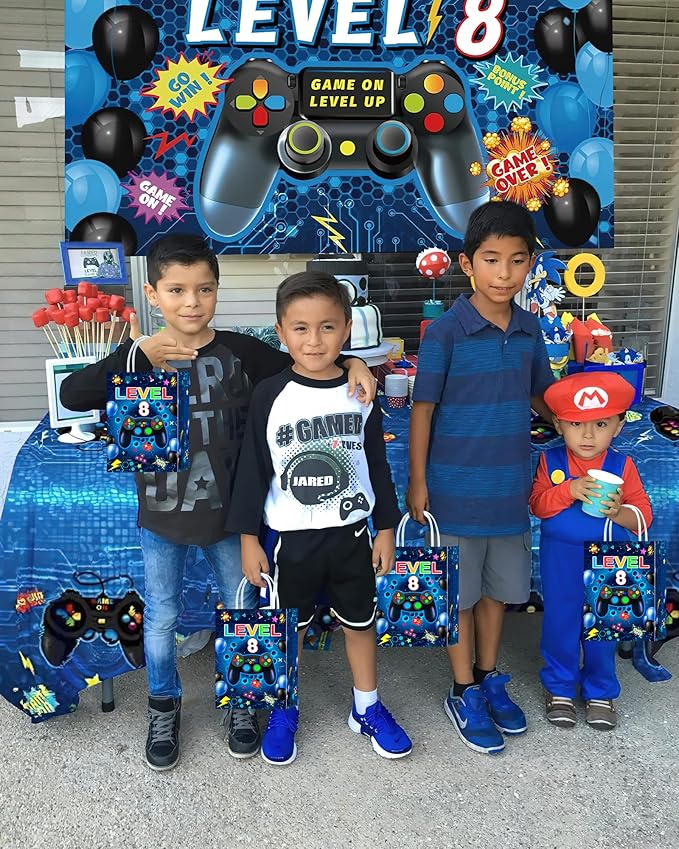 Tyndallrays 16 Pieces Video Game 8th Birthday Party Favors Bags,Video Game Level 8 Gift Snacks Treat Candy Favors Bags with Handles for 8th Birthday Party Decorations