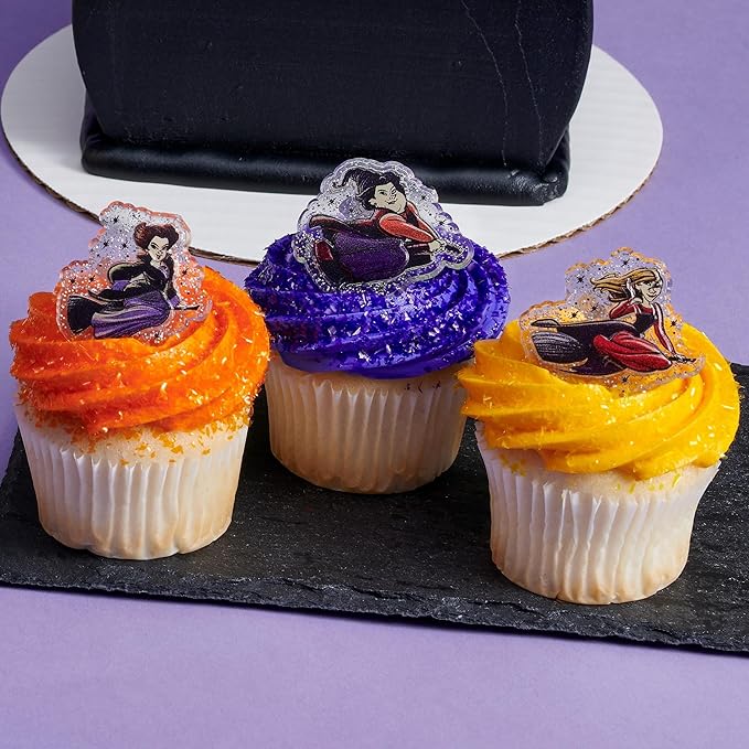 DecoPac Disney Hocus Pocus Forever Bewitching Rings, Cupcake Decorations Featuring The Sanderson Sisters In Flight, 3 Designs, Cake Toppers – 24 Pack