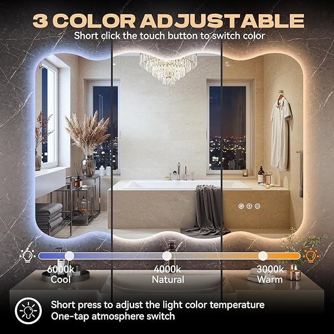 Hasipu Wavy Full Length Mirror with Lights - 60"×36" LED Wavy Floor Mirror, Frameless, Dimmable, Standing or Vertical/Horizontal Wall-Mounted Mirror for Bedroom, Living Room, Cloakroom