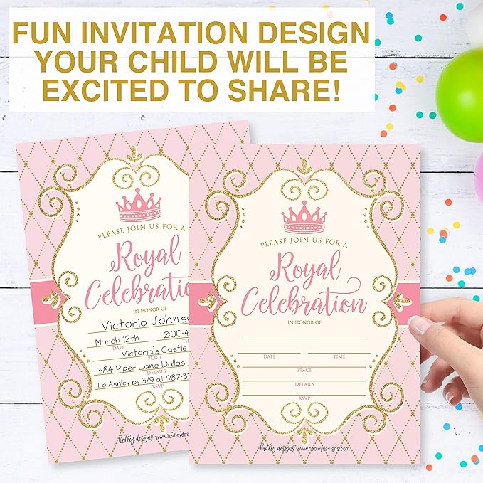 Hadley Designs Kids Birthday Invitations Girl Princess Theme - 25 Royal Birthday Party Invitations For Girls, Princess Invites For Girls, Cute Party Supplies, Made in USA