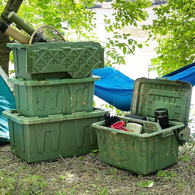 HOMZ 2-Pack Durabilt Tote, Heavy Duty Plastic Storage Bins with Lids, 15 Gallon, Green Camo - Stackable Organizing Containers for Home, Garage, and Office