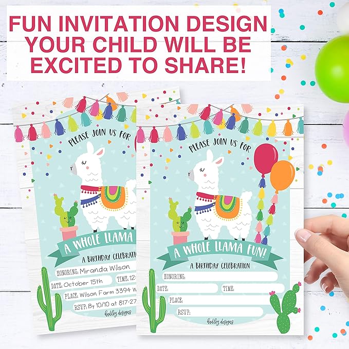 Hadley Designs Kids Birthday Invitations For Boys and Girls Mexican Theme - 25 Llama Birthday Party Invitations For Boys, Fiesta Invites For Girls, Cute Alpaca Cactus Party Supplies, Made In USA