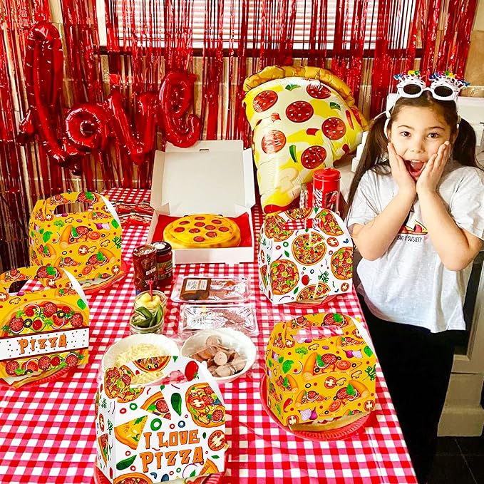 Roaring Good Time 12 PCS Pizza Party Favor Boxes Pizza Goodie Treat Bags Pizza Themed Birthday Party Supplies Pizza Birthday Decorations Bags