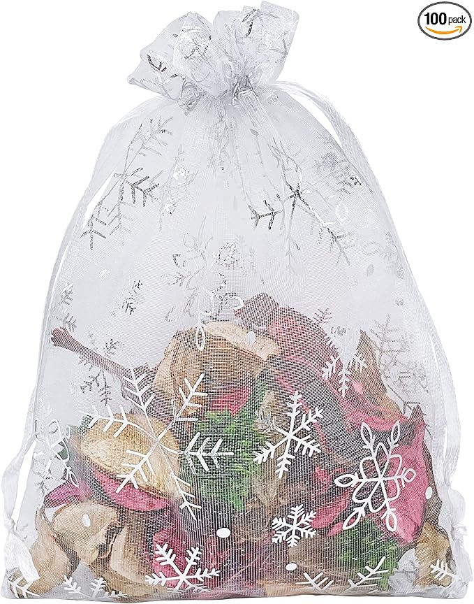 Jexila 100PCS Christmas Organza Bags 5''X7'' Mesh Drawstring Gift Bag for Christmas Party Favor Goodie Candy Treat Bags Jewelry Pouch